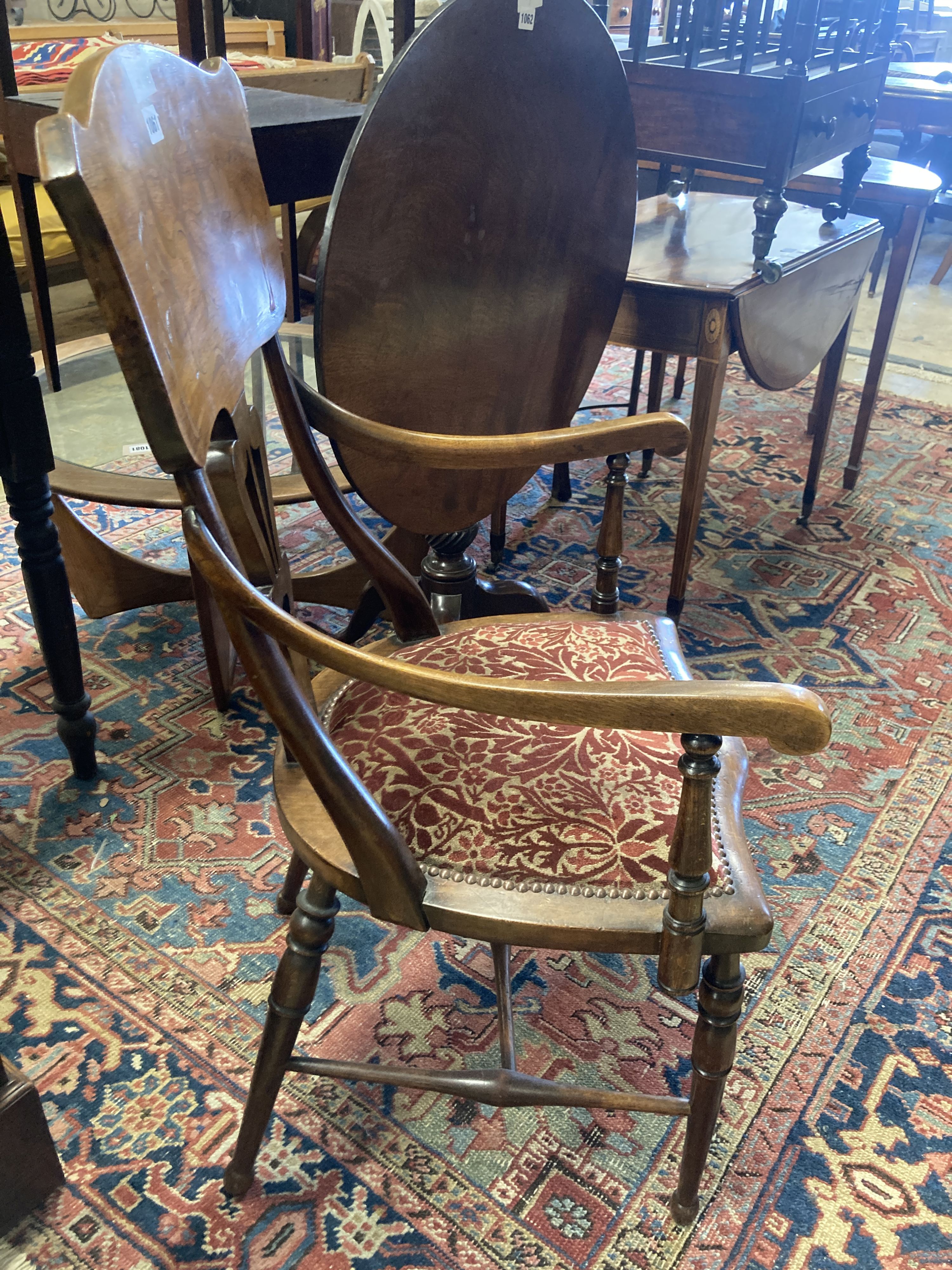 An Art Nouveau marquetry inlaid mahogany and beech elbow chair, width 53cm, depth 54cm, height 104cm